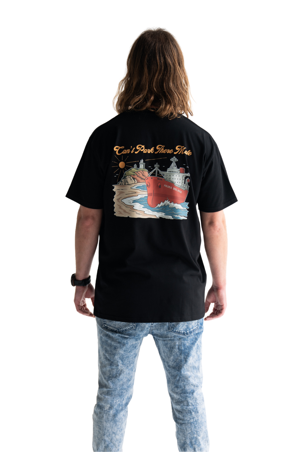 Pasha Bulker shipping container beach on nobby’s beach in front of the nobby’s lighthouse t-shirt newcastle