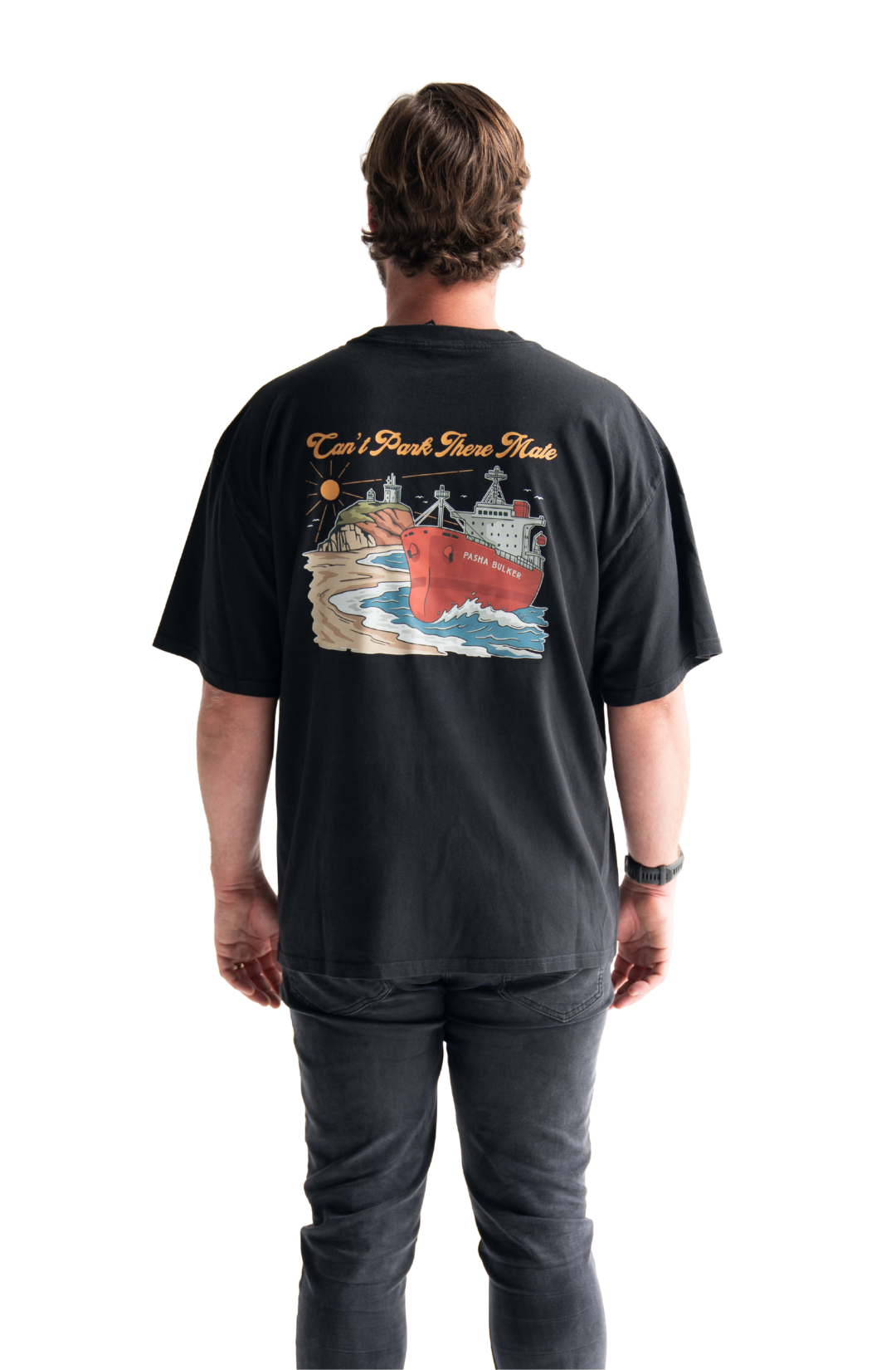 Pasha Bulker shipping container beach on nobby’s beach in front of the nobby’s lighthouse t-shirt newcastle