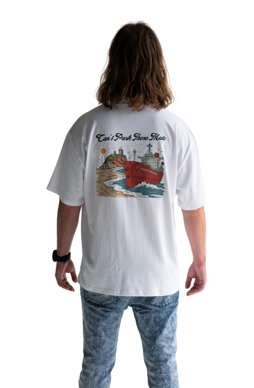 Pasha Bulker shipping container beach on nobby’s beach in front of the nobby’s lighthouse t-shirt newcastle