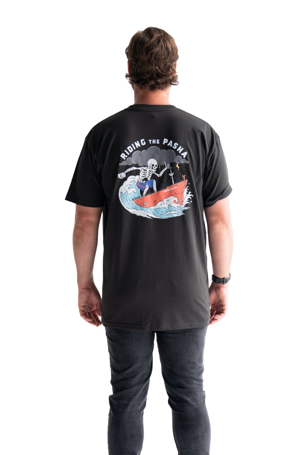 Skeleton surfing on the pasha bulker shipping container nobby’s beach newcastle t-shirt
