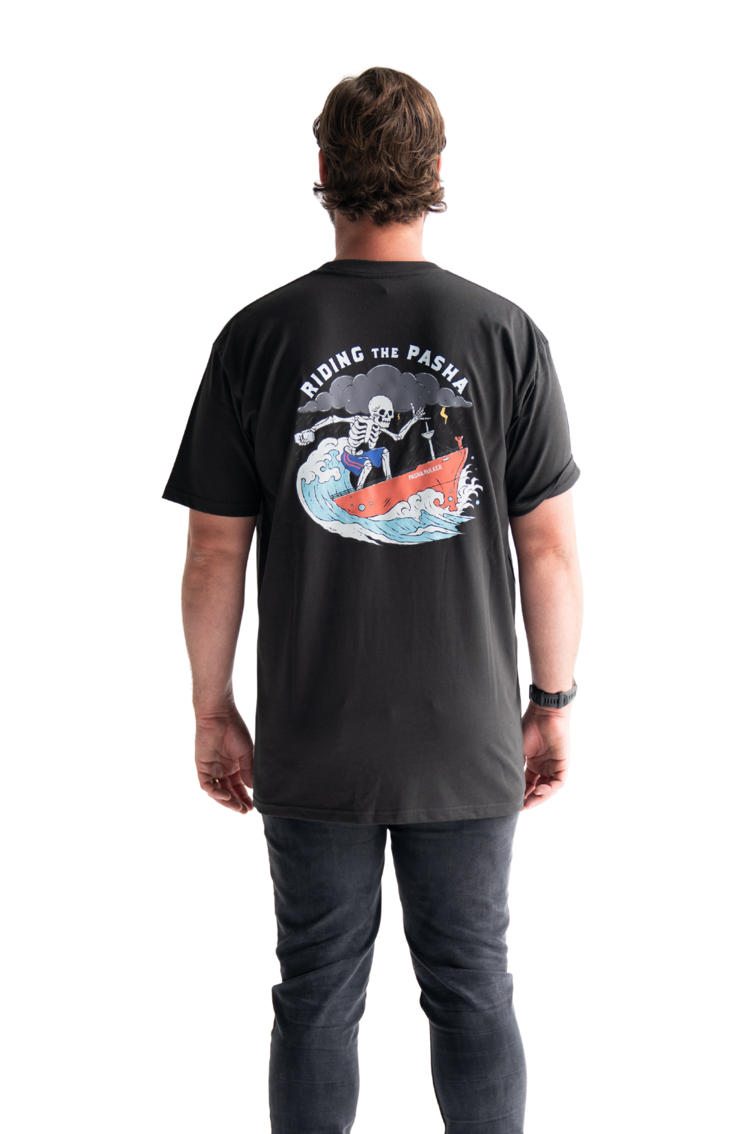 Skeleton surfing on the pasha bulker shipping container nobby’s beach newcastle t-shirt