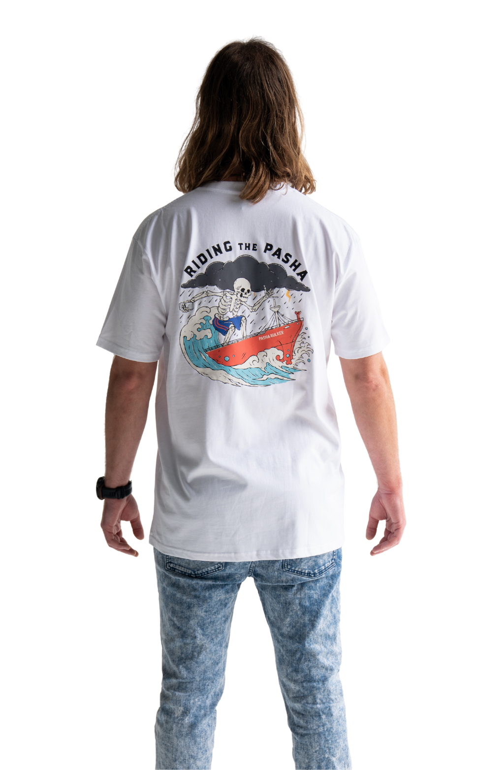 Skeleton surfing on the pasha bulker shipping container nobby’s beach newcastle t-shirt