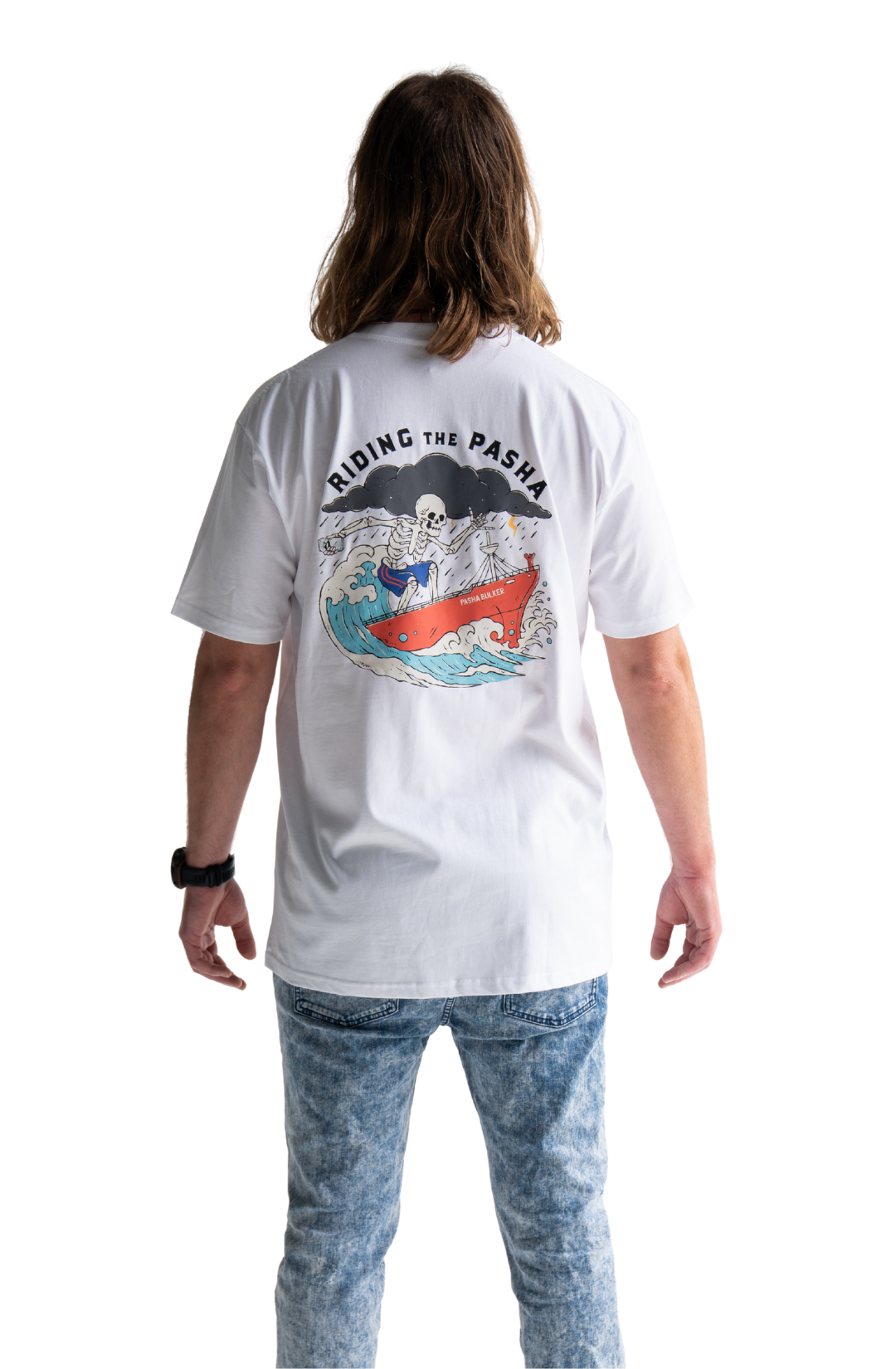 Skeleton surfing on the pasha bulker shipping container nobby’s beach newcastle t-shirt