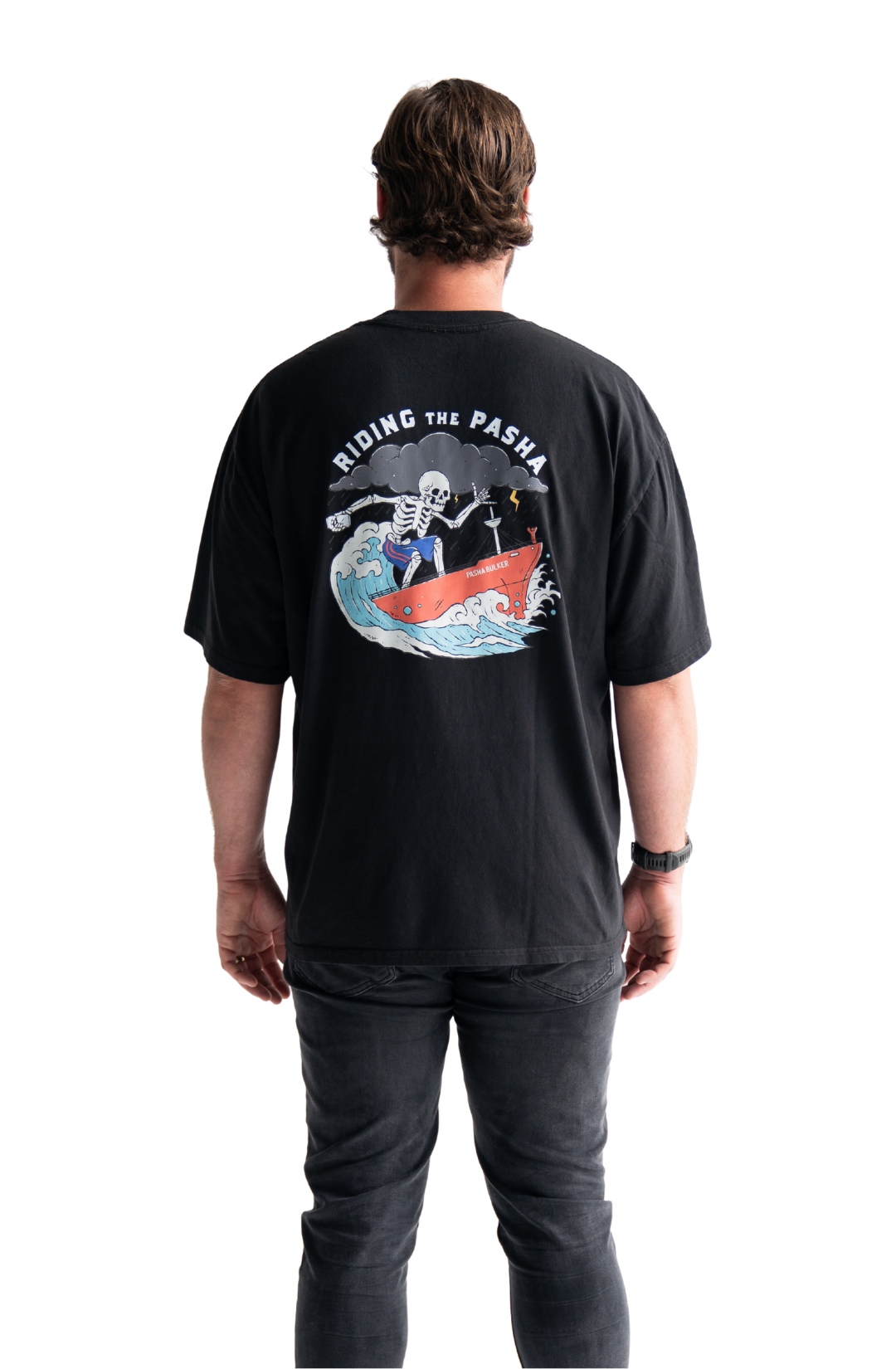 Skeleton surfing on the pasha bulker shipping container nobby’s beach newcastle t-shirt