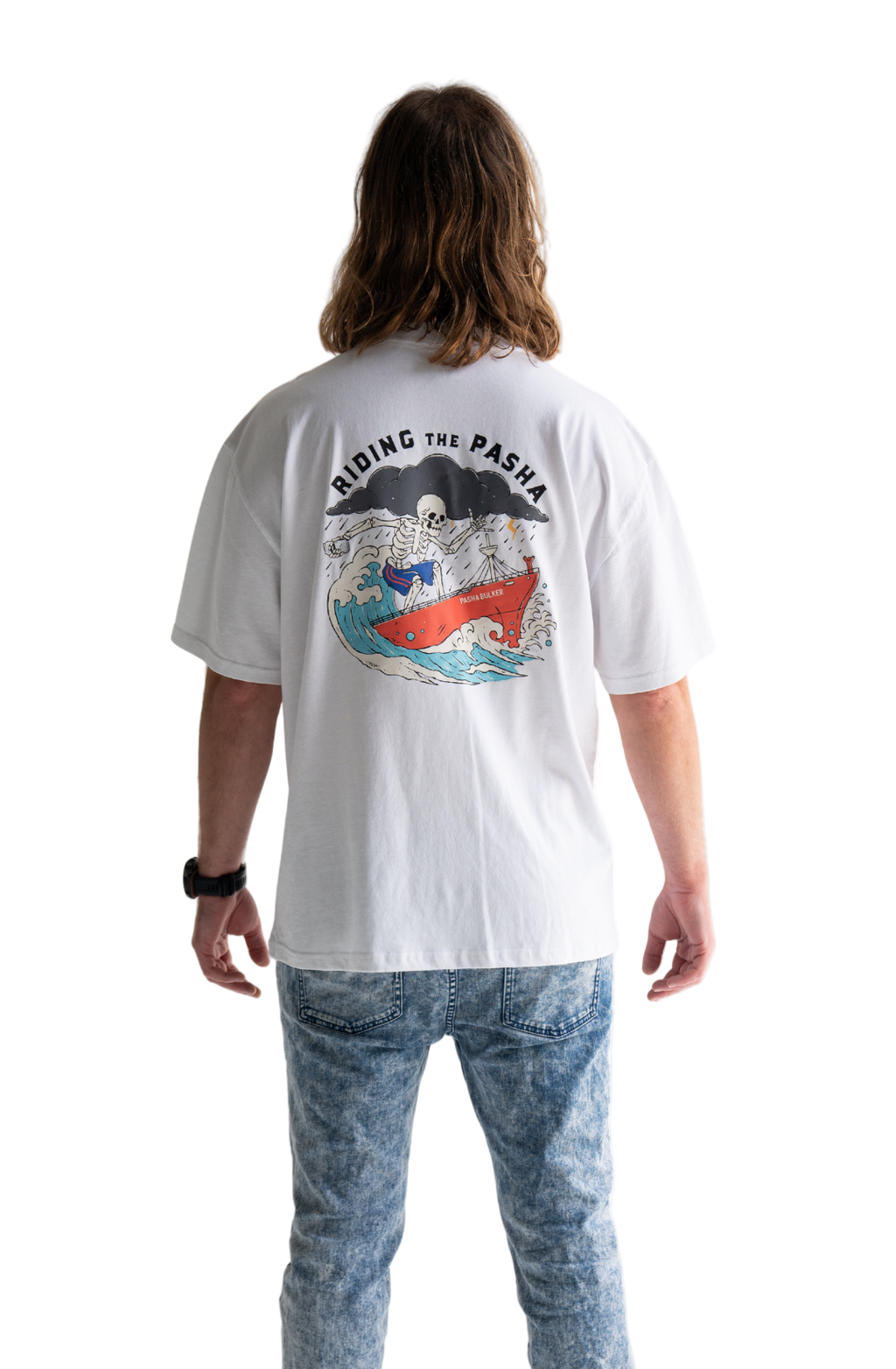 Skeleton surfing on the pasha bulker shipping container nobby’s beach newcastle t-shirt